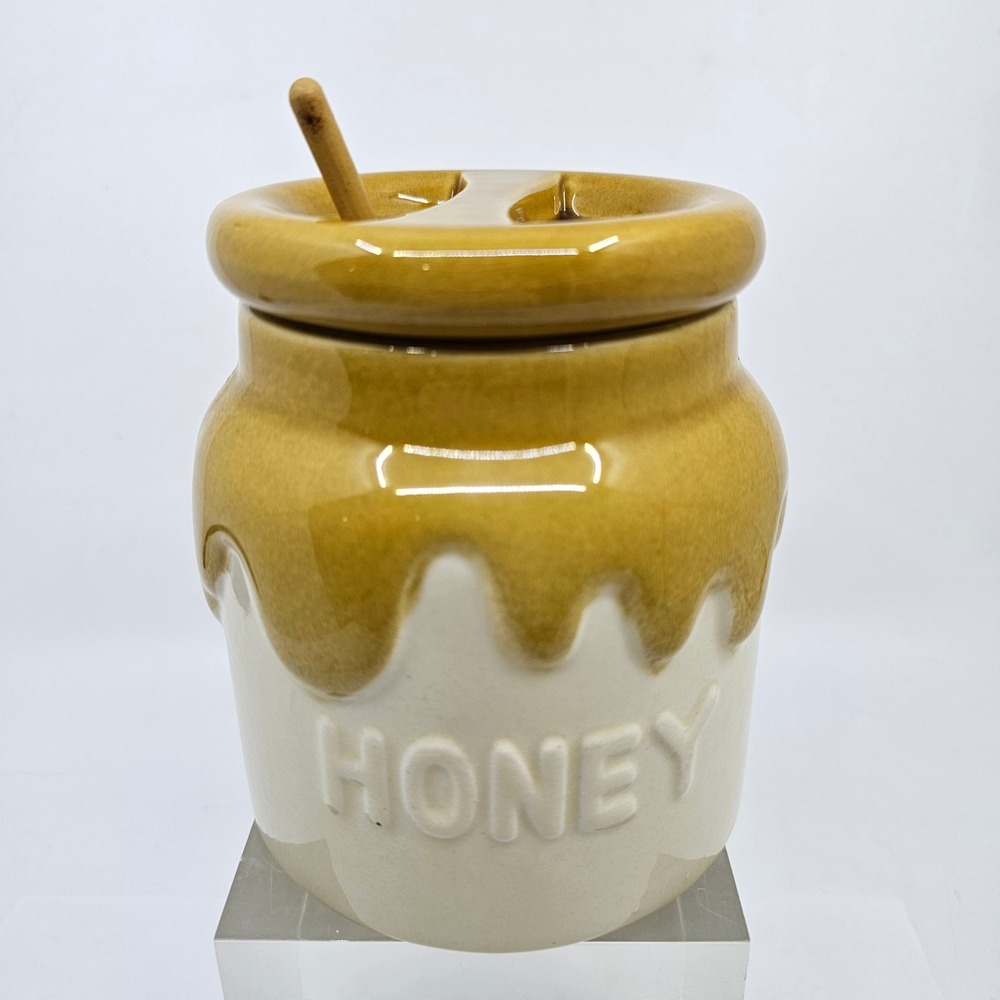 Vintage 1982 Teleflora Ceramic Honey Pot Jar with Lid and Wood Dipper No Crazing